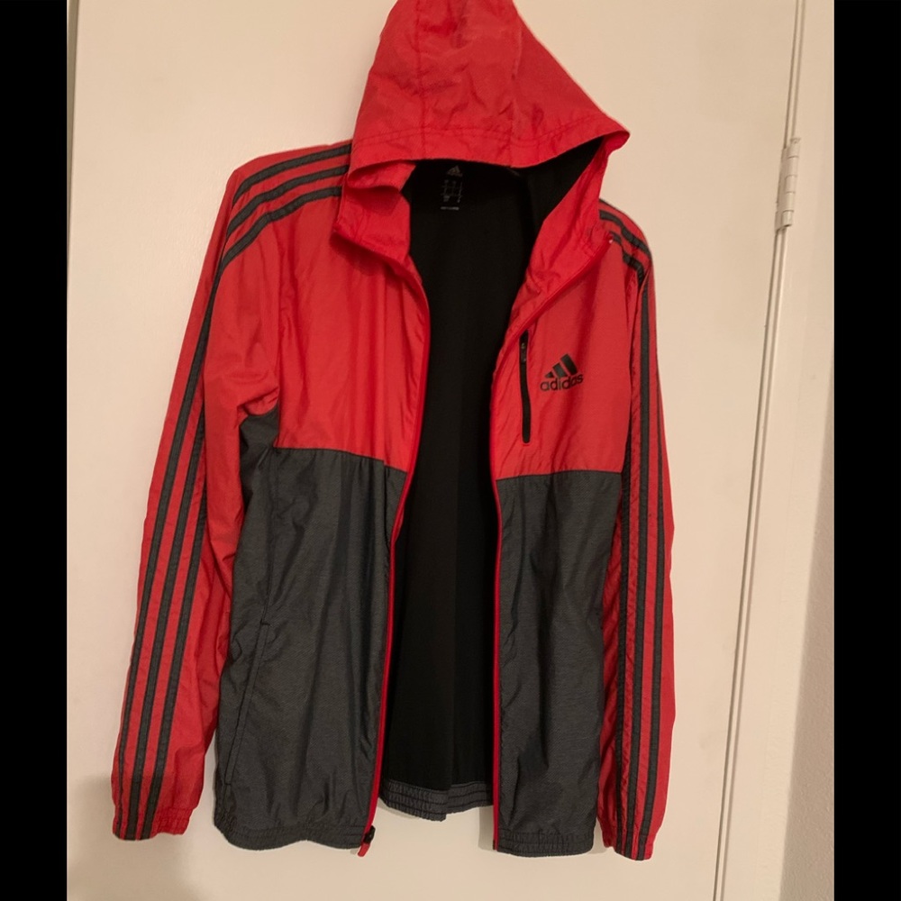 Adidas raincoat which hoodie Dark gray with red collar,size M